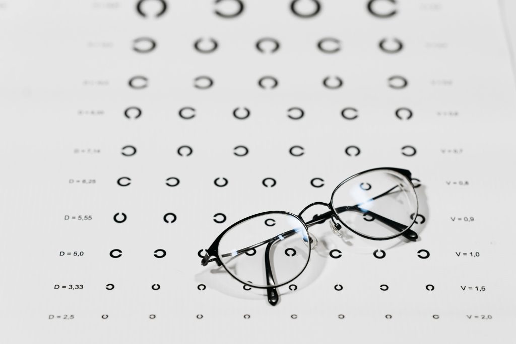 Eyeglasses on a vision test chart, emphasizing eye care and optometry.